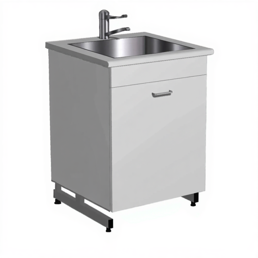 Стол-мойка СТм-204 «Премиум» 600 (корпус ЛДСП серый, столешница постформинг серый, каркас серый)